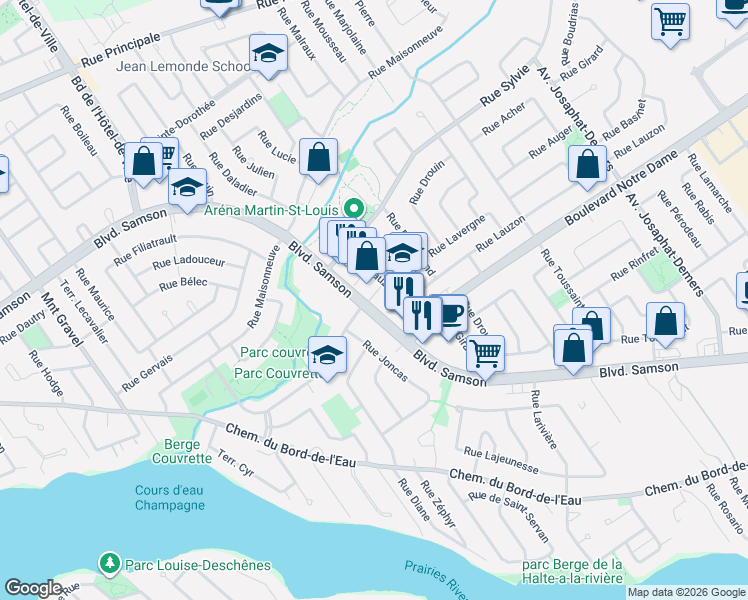map of restaurants, bars, coffee shops, grocery stores, and more near 345 Boulevard Samson in Laval