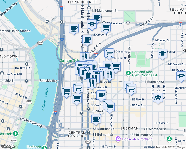 map of restaurants, bars, coffee shops, grocery stores, and more near 111 Northeast 6th Avenue in Portland
