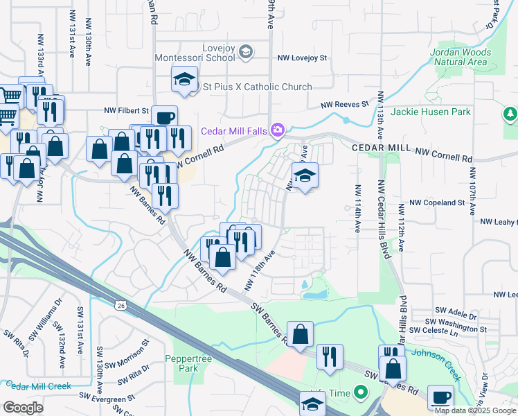 map of restaurants, bars, coffee shops, grocery stores, and more near 580 Northwest Lost Springs Terrace in Portland