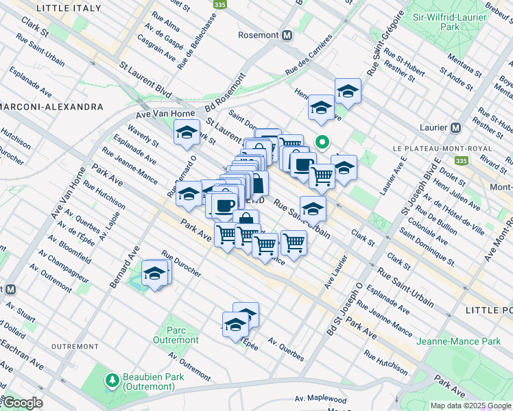 map of restaurants, bars, coffee shops, grocery stores, and more near 5405 Rue Waverly in Montréal