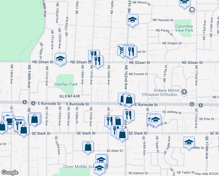 map of restaurants, bars, coffee shops, grocery stores, and more near 126 Northeast 160th Avenue in Portland