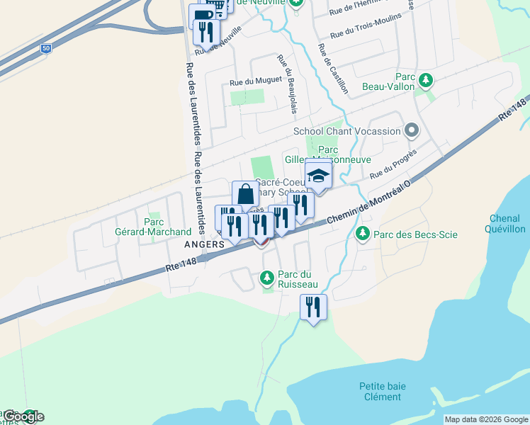 map of restaurants, bars, coffee shops, grocery stores, and more near 220 Rue du Progrès in Gatineau