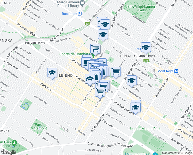 map of restaurants, bars, coffee shops, grocery stores, and more near 5208 Boulevard Saint-Laurent in Montréal