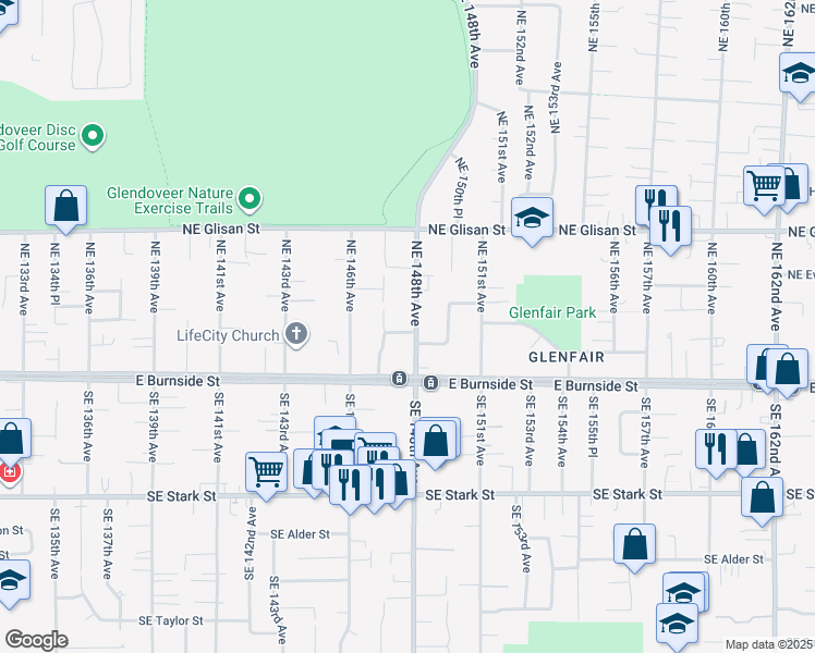 map of restaurants, bars, coffee shops, grocery stores, and more near 109 Northeast 148th Avenue in Portland