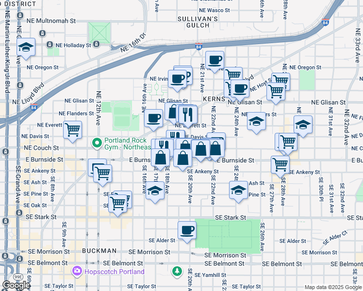 map of restaurants, bars, coffee shops, grocery stores, and more near 1950 Northeast Couch Street in Portland