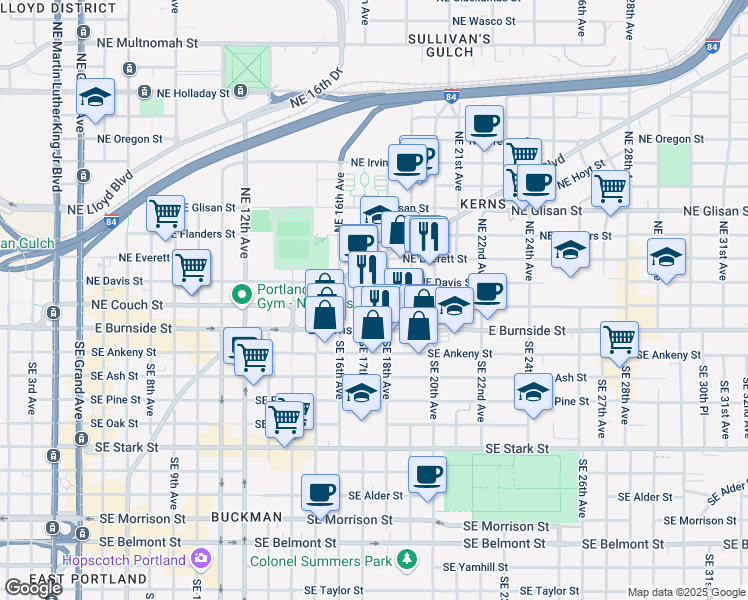 map of restaurants, bars, coffee shops, grocery stores, and more near 35 Northeast 18th Avenue in Portland