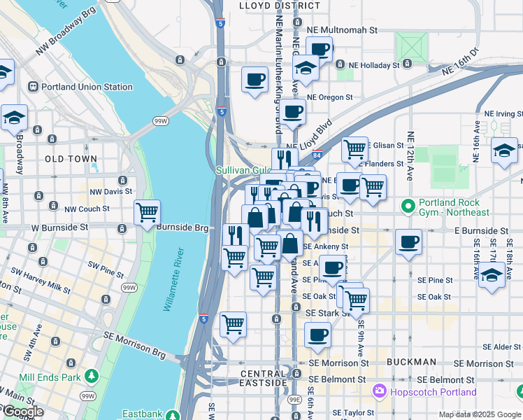 map of restaurants, bars, coffee shops, grocery stores, and more near 33 Northeast Martin Luther King Junior Boulevard in Portland