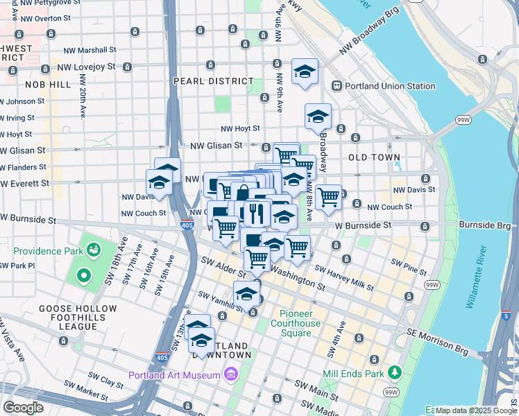 map of restaurants, bars, coffee shops, grocery stores, and more near in Portland