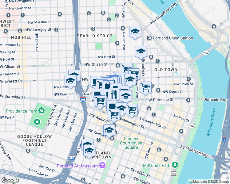 map of restaurants, bars, coffee shops, grocery stores, and more near 28 Northwest 11th Avenue in Portland