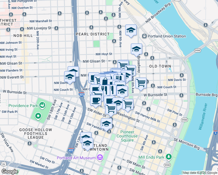 map of restaurants, bars, coffee shops, grocery stores, and more near in Portland
