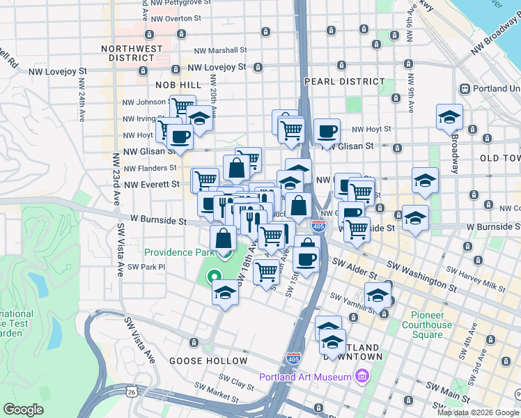map of restaurants, bars, coffee shops, grocery stores, and more near 1806 Northwest Couch Street in Portland