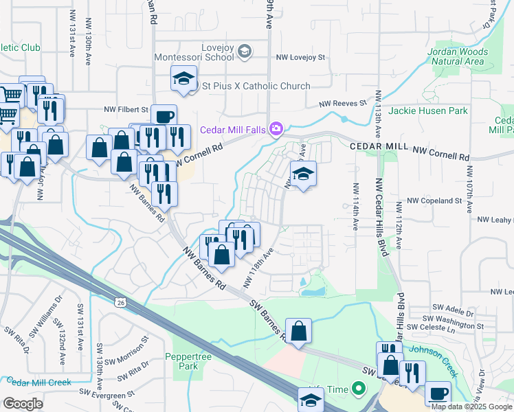 map of restaurants, bars, coffee shops, grocery stores, and more near 580 Northwest Lost Springs Terrace in Portland