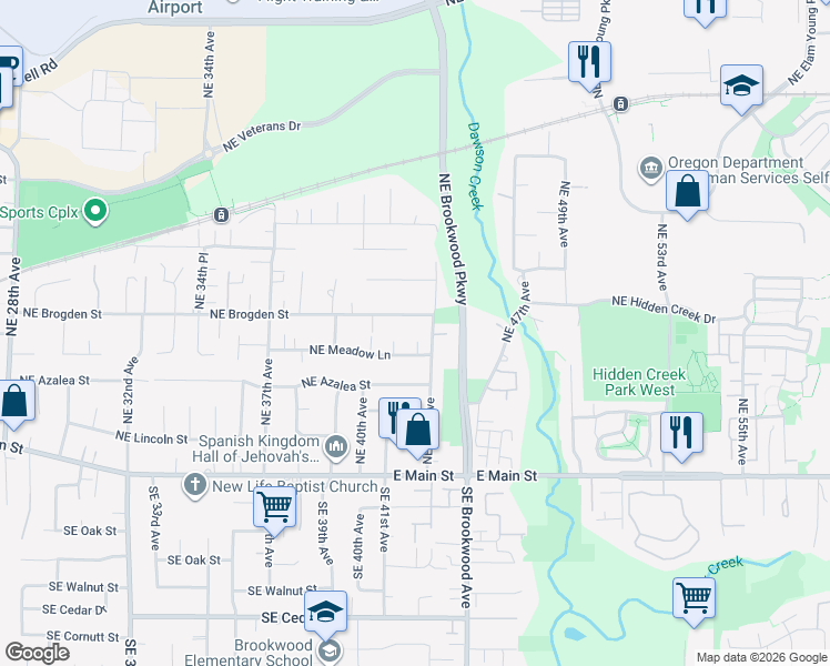 map of restaurants, bars, coffee shops, grocery stores, and more near 4261 Northeast Meadow Lane in Hillsboro
