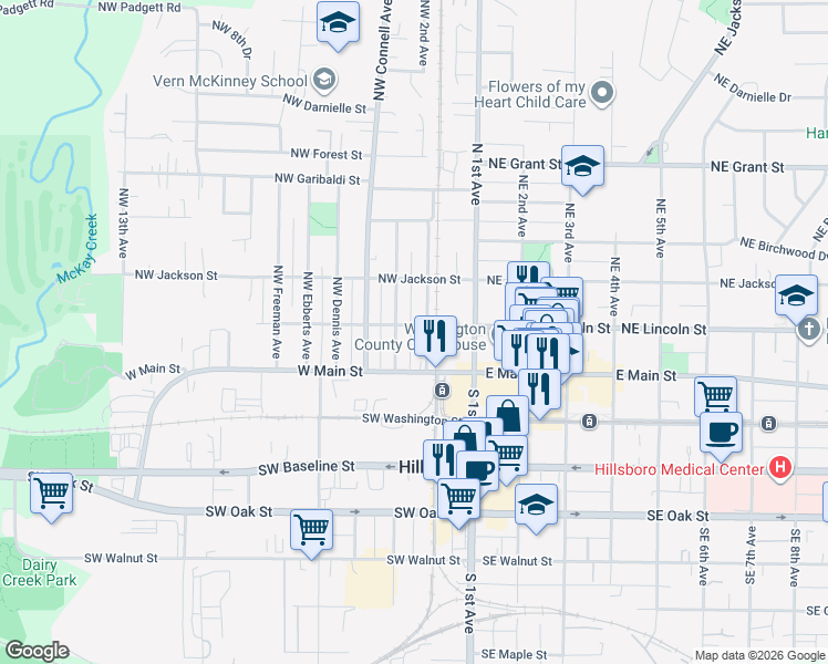 map of restaurants, bars, coffee shops, grocery stores, and more near 142 Northwest Bailey Avenue in Hillsboro