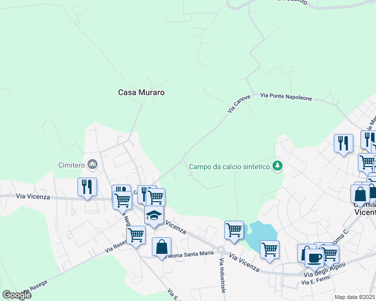 map of restaurants, bars, coffee shops, grocery stores, and more near 25 Via Canove in Camisano Vicentino
