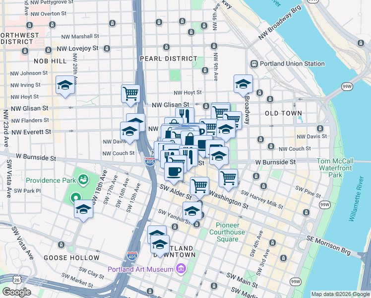 map of restaurants, bars, coffee shops, grocery stores, and more near 1139 Northwest Couch Street in Portland