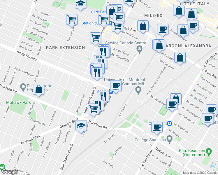 map of restaurants, bars, coffee shops, grocery stores, and more near 6937 Boulevard de l'Acadie in Montréal