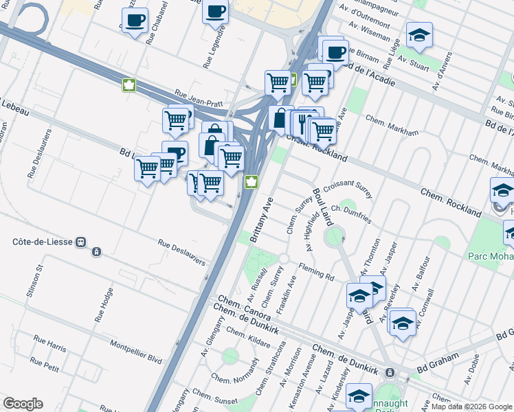 map of restaurants, bars, coffee shops, grocery stores, and more near 177 Avenue Brittany in Mont-Royal