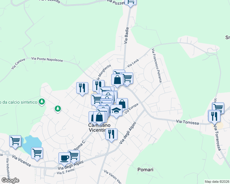 map of restaurants, bars, coffee shops, grocery stores, and more near 27 Via Vittorio Veneto in Camisano Vicentino