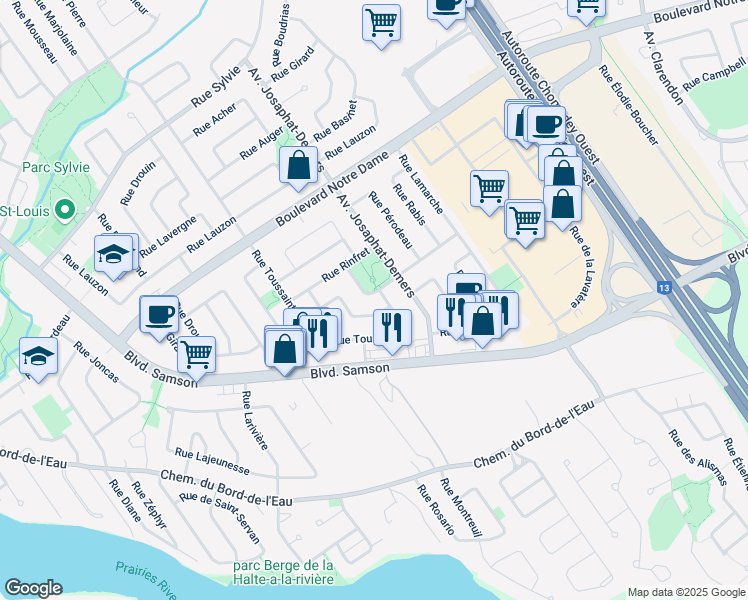 map of restaurants, bars, coffee shops, grocery stores, and more near 276 Rue Robitaille in Laval