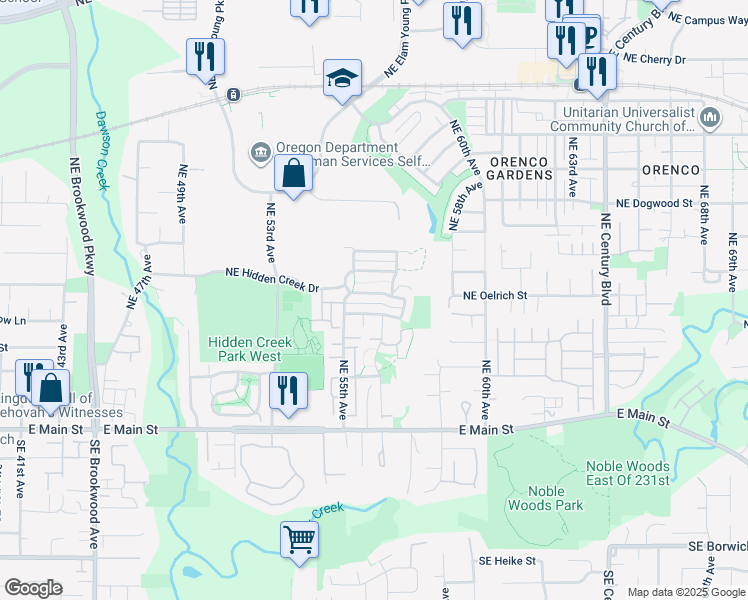 map of restaurants, bars, coffee shops, grocery stores, and more near 5632 Northeast Hidden Creek Drive in Hillsboro