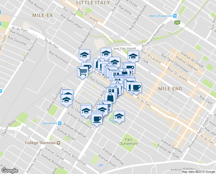 map of restaurants, bars, coffee shops, grocery stores, and more near 5909 Rue Hutchison in Montreal