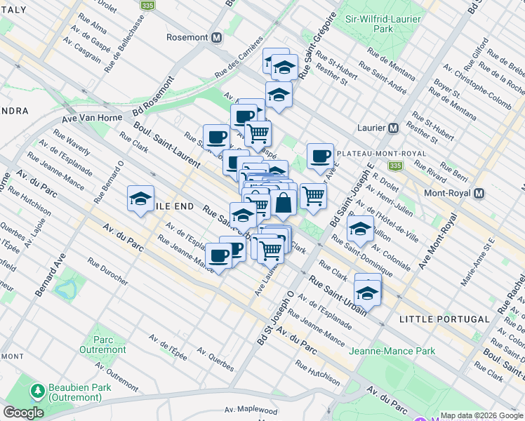 map of restaurants, bars, coffee shops, grocery stores, and more near 5208 Boulevard Saint-Laurent in Montréal