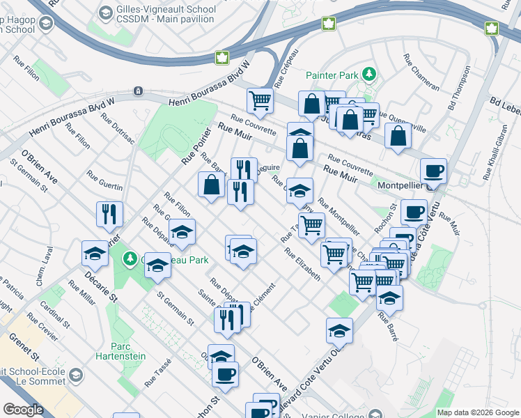map of restaurants, bars, coffee shops, grocery stores, and more near 1510 Rue Barré in Montréal