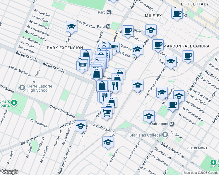 map of restaurants, bars, coffee shops, grocery stores, and more near 6937 Boulevard de l'Acadie in Montréal