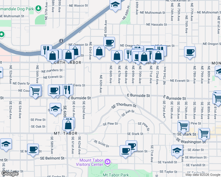 map of restaurants, bars, coffee shops, grocery stores, and more near 116 Northeast 66th Avenue in Portland