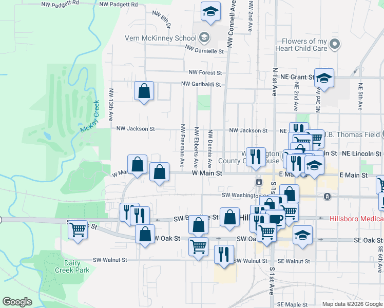 map of restaurants, bars, coffee shops, grocery stores, and more near 177 Northwest Ebberts Avenue in Hillsboro
