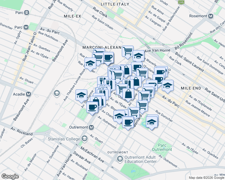 map of restaurants, bars, coffee shops, grocery stores, and more near 795 Avenue Querbes in Montréal