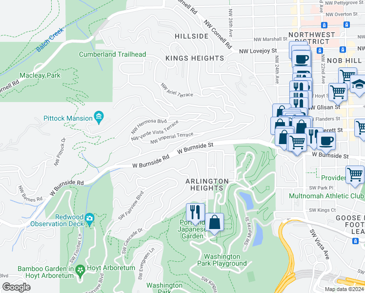 map of restaurants, bars, coffee shops, grocery stores, and more near 10 Northwest Macleay Boulevard in Portland