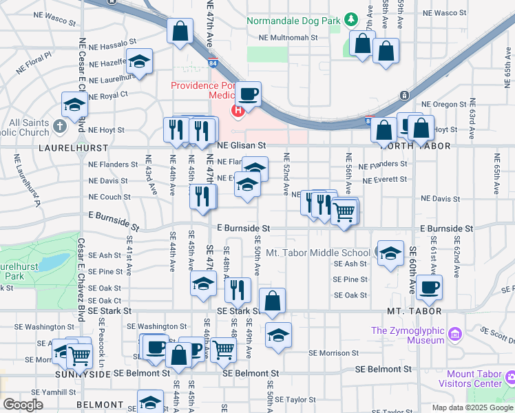 map of restaurants, bars, coffee shops, grocery stores, and more near 109 Northeast 50th Avenue in Portland