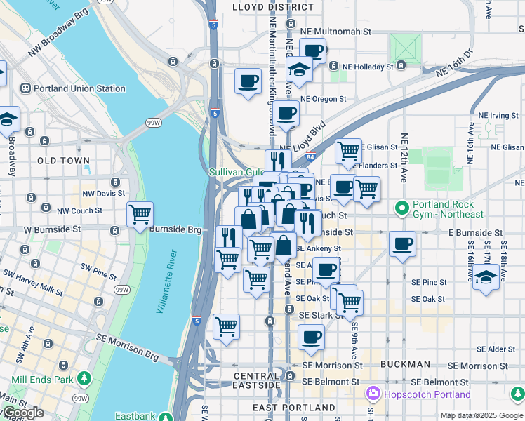 map of restaurants, bars, coffee shops, grocery stores, and more near 124 Northeast 3rd Avenue in Portland
