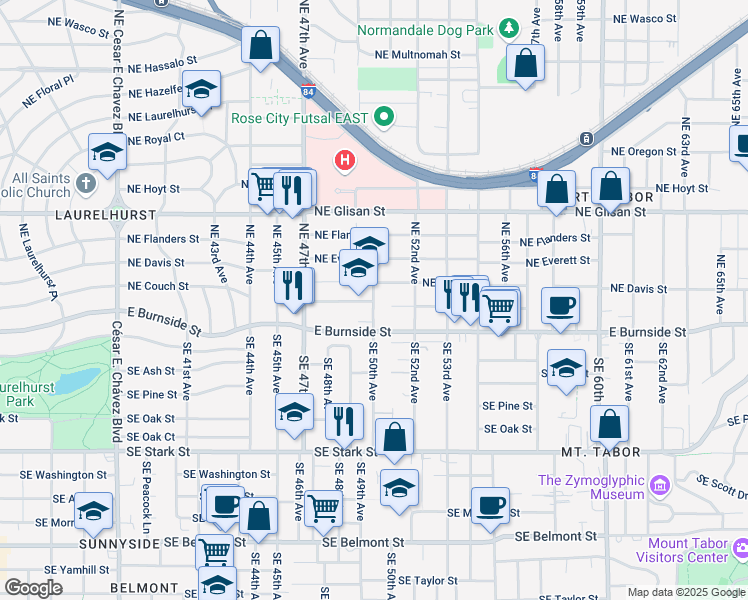 map of restaurants, bars, coffee shops, grocery stores, and more near 109 Northeast 50th Avenue in Portland