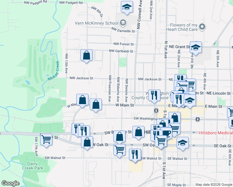 map of restaurants, bars, coffee shops, grocery stores, and more near 177 Northwest Ebberts Avenue in Hillsboro