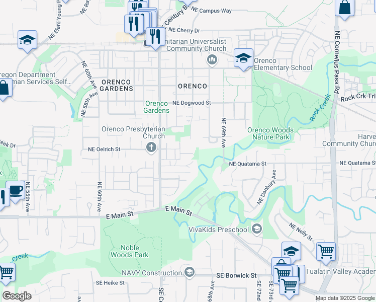 map of restaurants, bars, coffee shops, grocery stores, and more near 6647 Northeast Mcmurtry Place in Hillsboro