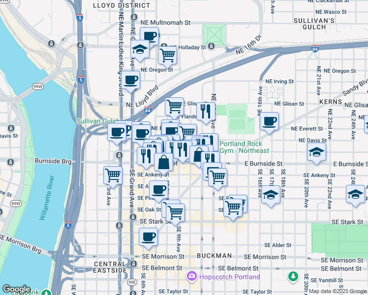 map of restaurants, bars, coffee shops, grocery stores, and more near 949 East Burnside Street in Portland