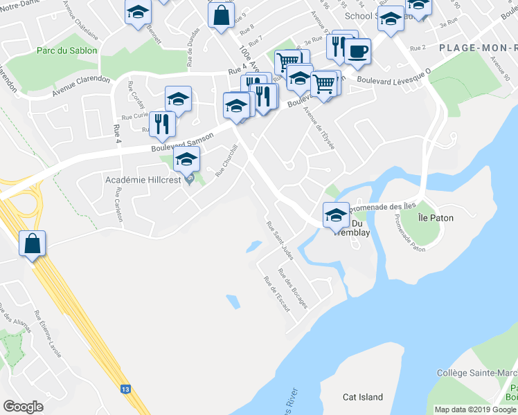 map of restaurants, bars, coffee shops, grocery stores, and more near 154 Rue Saint-Judes in Laval