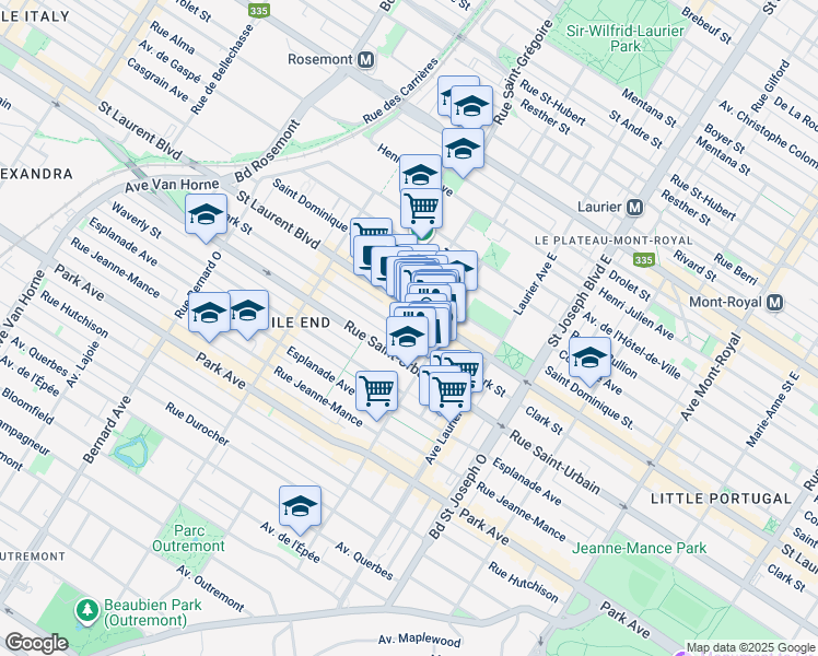 map of restaurants, bars, coffee shops, grocery stores, and more near 5251 Rue Clark in Montréal