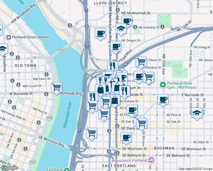map of restaurants, bars, coffee shops, grocery stores, and more near in Portland