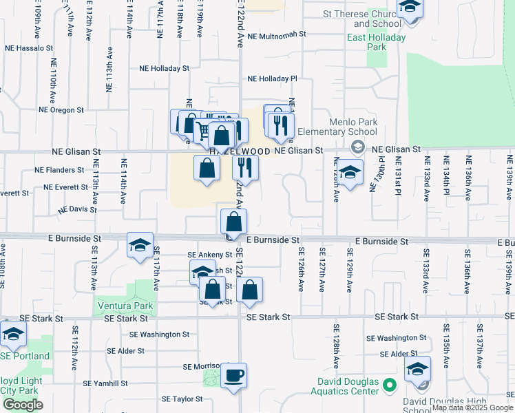 map of restaurants, bars, coffee shops, grocery stores, and more near 122 Northeast 122nd Avenue in Portland