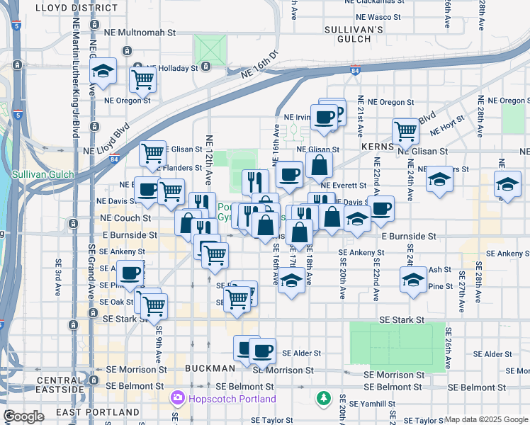 map of restaurants, bars, coffee shops, grocery stores, and more near 1506 Northeast Couch Street in Portland