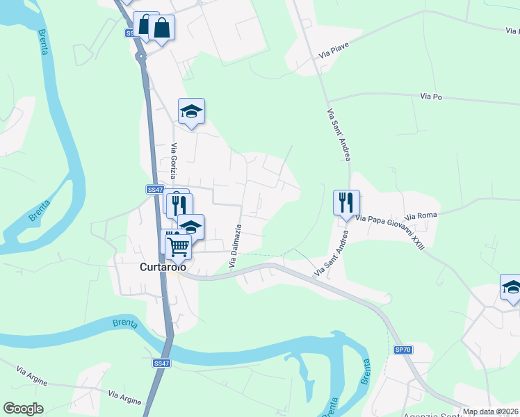 map of restaurants, bars, coffee shops, grocery stores, and more near 9 Via Casalin in Curtarolo