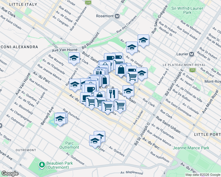 map of restaurants, bars, coffee shops, grocery stores, and more near 5390 Rue Saint-Urbain in Montréal