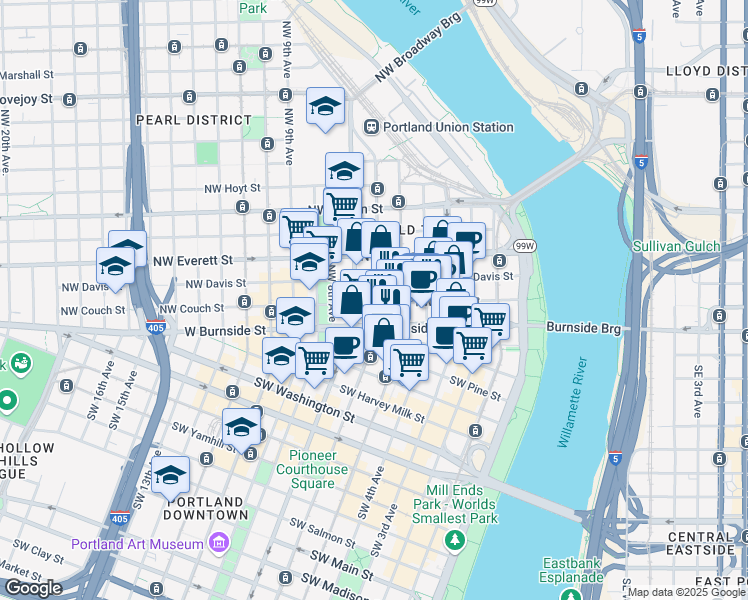 map of restaurants, bars, coffee shops, grocery stores, and more near 605 Northwest Couch Street in Portland