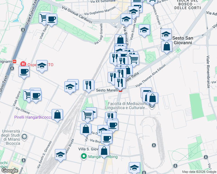 map of restaurants, bars, coffee shops, grocery stores, and more near 34 Via Fiume in Sesto San Giovanni