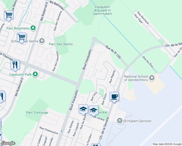 map of restaurants, bars, coffee shops, grocery stores, and more near 4043 Rue des Escadrons in Longueuil