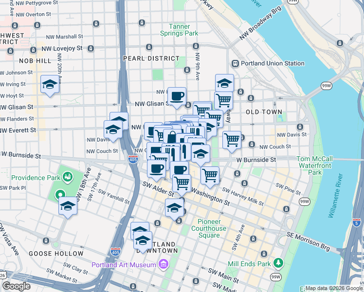 map of restaurants, bars, coffee shops, grocery stores, and more near 1025 Northwest Couch Street in Portland